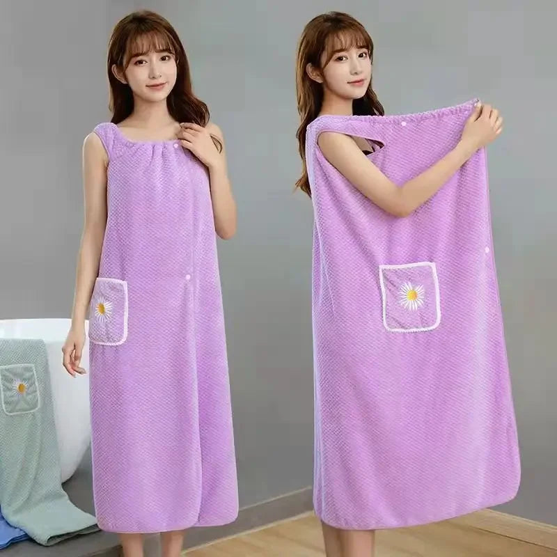 Toalla de baño para el hogar, ropa de mujer, adultos, absorbente de agua, de algodón puro, para secar el cabello, falda, estilo largo, bata de baño lavable