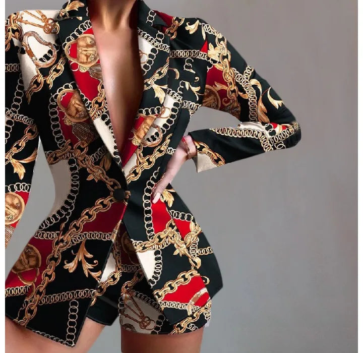 Conjunto de dos piezas de shorts para mujer, trajes de otoño e invierno, a la moda, estampado de leopardo, casual, blazer de manga larga y pantalones cortos