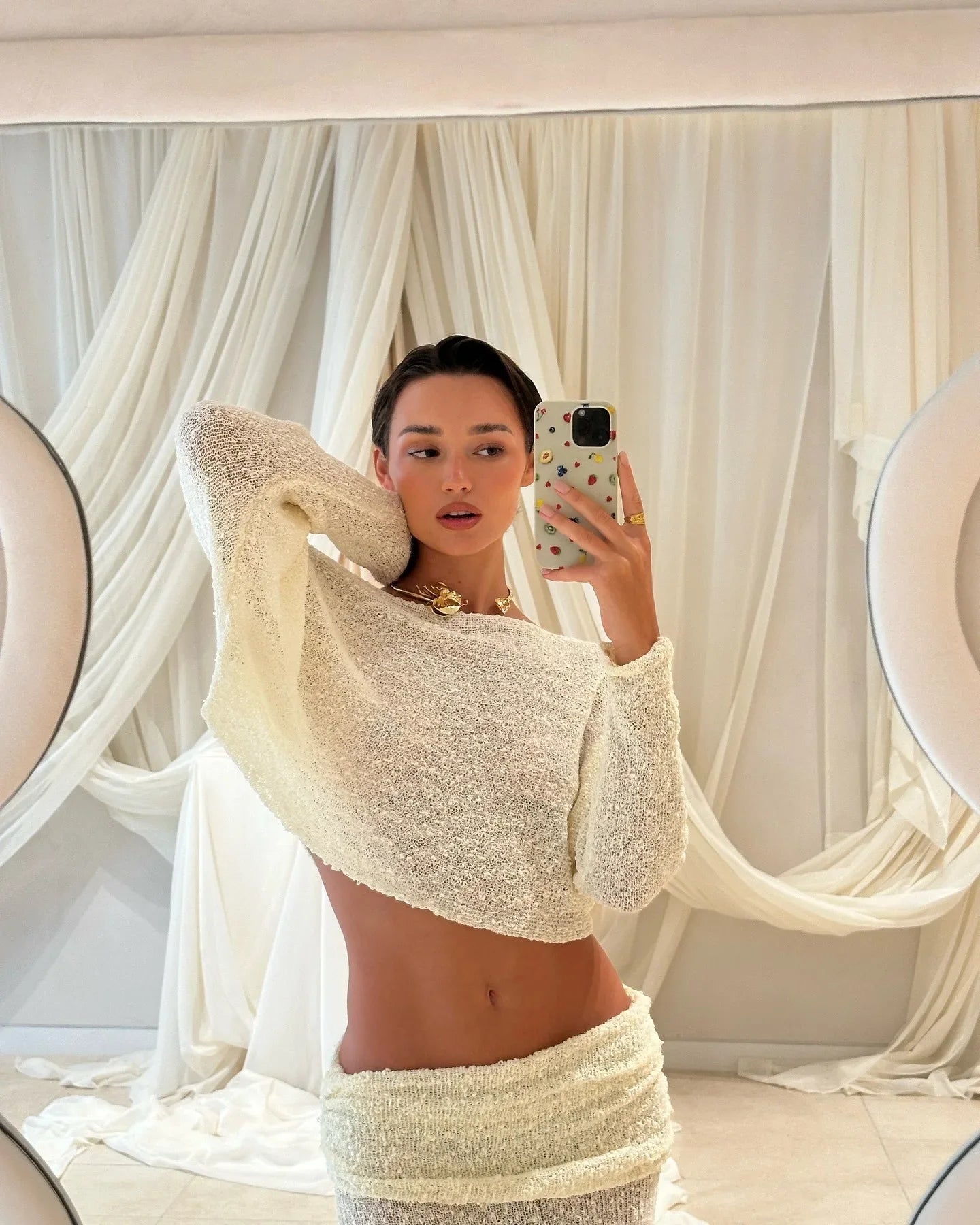 Knitted Skirt Set Women's Summer Off-Shoulder Long Sleeve Cropped Top Slim See-through Pleated Skirt Female Skirt Set