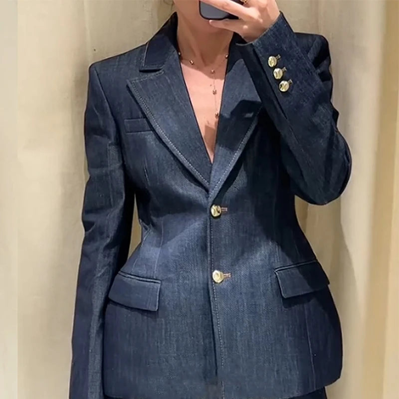 Elegant 3 Pieces Denim Blazer Long Pants Sets For Women Spring Single Breasted Suit Jacket Chic V-neck Vest Wide Leg Pants Suits