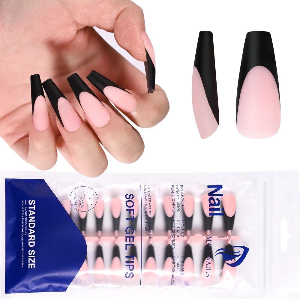 120pcs Black Edge Super Long French False Nail Removable Ballerina Coffin Almond Fake Nail Artificial Acrylic Press On Nail Tips