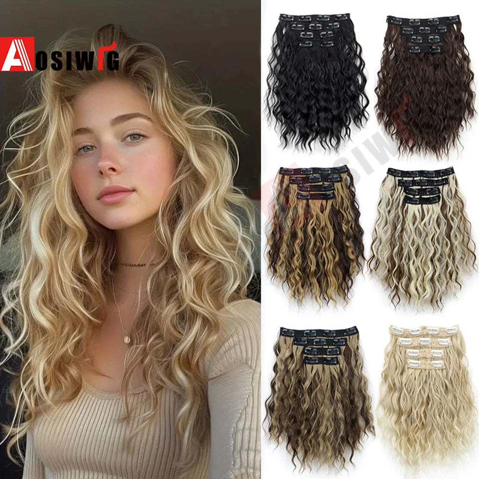 4/pc Clip In Hair Extensions 12 Inch Long Water Wave Hair ExtensionSynthetic Hair Extensions Hairpieces For Women Daily wear