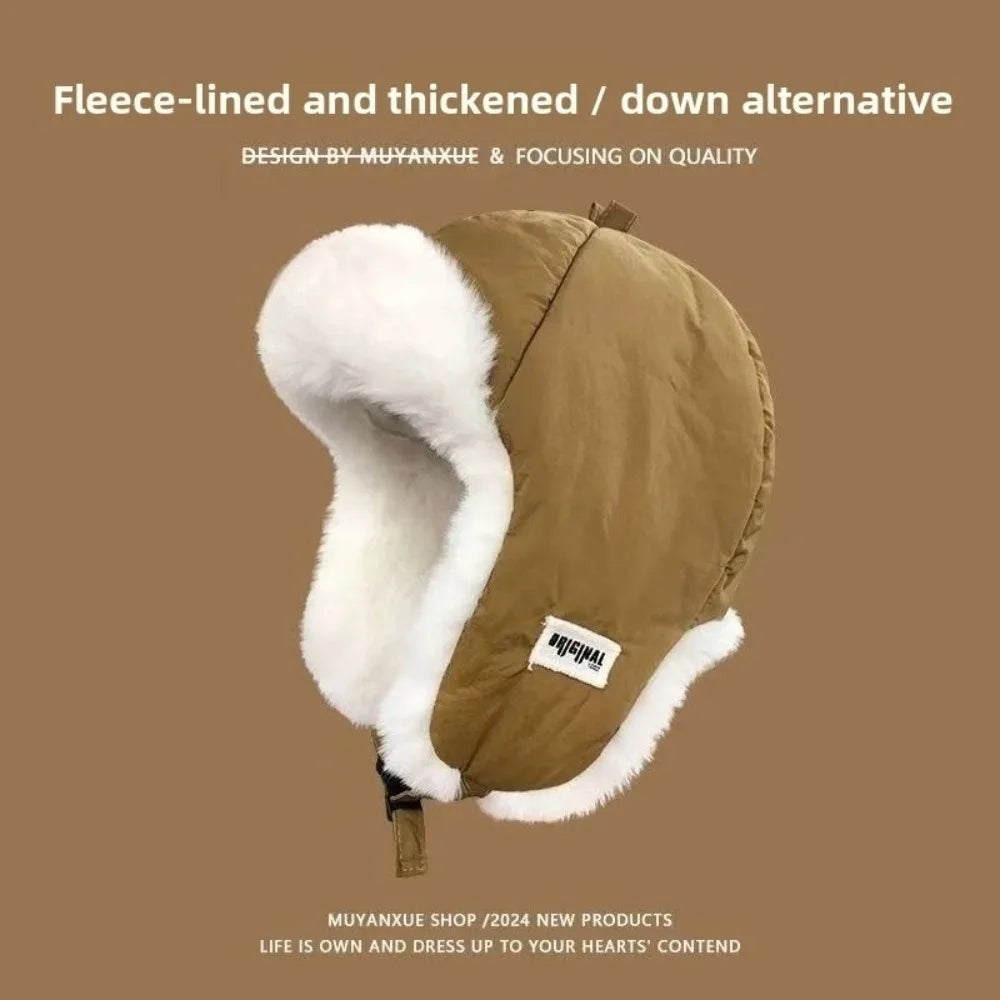 Nuevo sombrero de invierno grueso para mujer Lei Feng, sin ala, gorro de esquí bordado tipo aviador, protección para los oídos, herramientas de abrigo