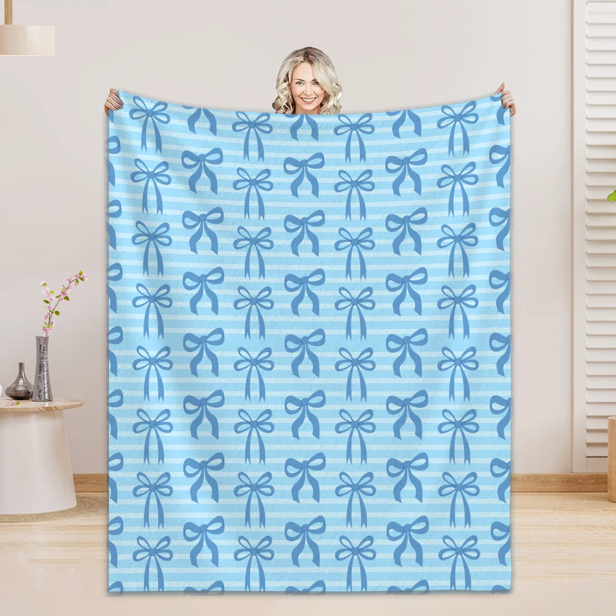 1PC Throw Blanket Blue Bow 3D Printed Soft Fuzzy Nap Blanket Bedspreads All Seasons Gifts For Girl Women Adult Flannel Blanket