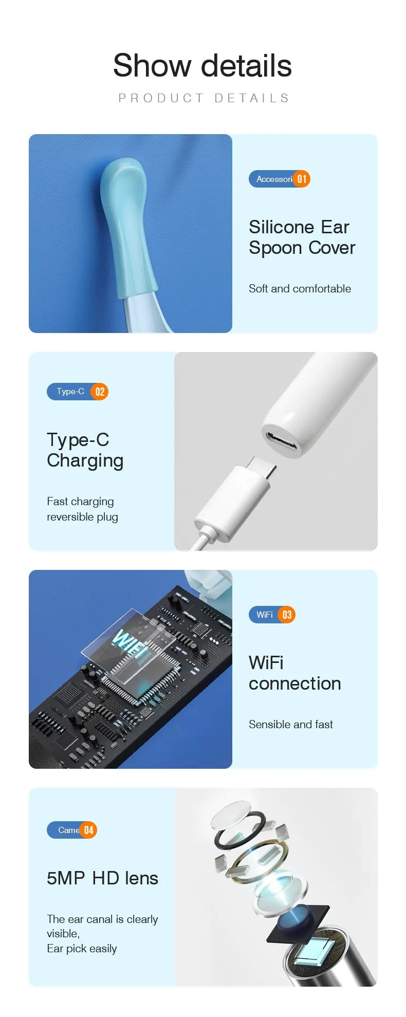 Wireless Visual Ear Endoscope Camera Ear Cleaning Tools Spoon Safe Silicone Earpick 5MP Camera Ear Wax Remover Luminous Otoscope