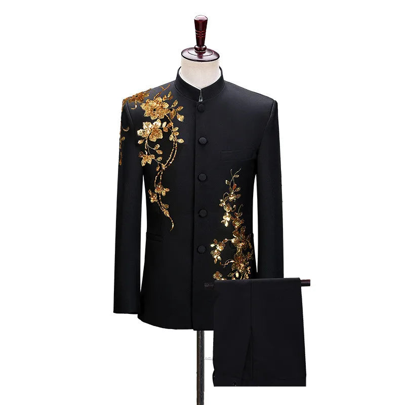 Fashion Men Stand Up Collar Floral Suit Luxurious Sequin Clothing Male Business Social Wedding Ball Party Dress Blazer and Pants