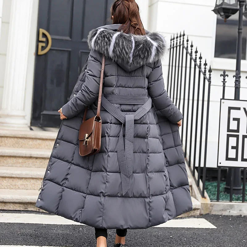 Chaqueta larga de algodón para mujer, parkas, abrigo, nueva, invierno, hasta la rodilla, suelta, con cuello grande de piel, con capucha, cálida, gruesa, parkas para mujer, abrigo acolchado