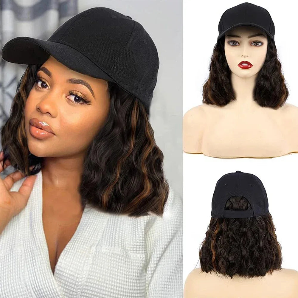 Hat Wig for Women, Short Wave Baseball Cap Wig with Curly Synthetic Hair Extensions, Adjustable Brown Black Baseball Hat Wig