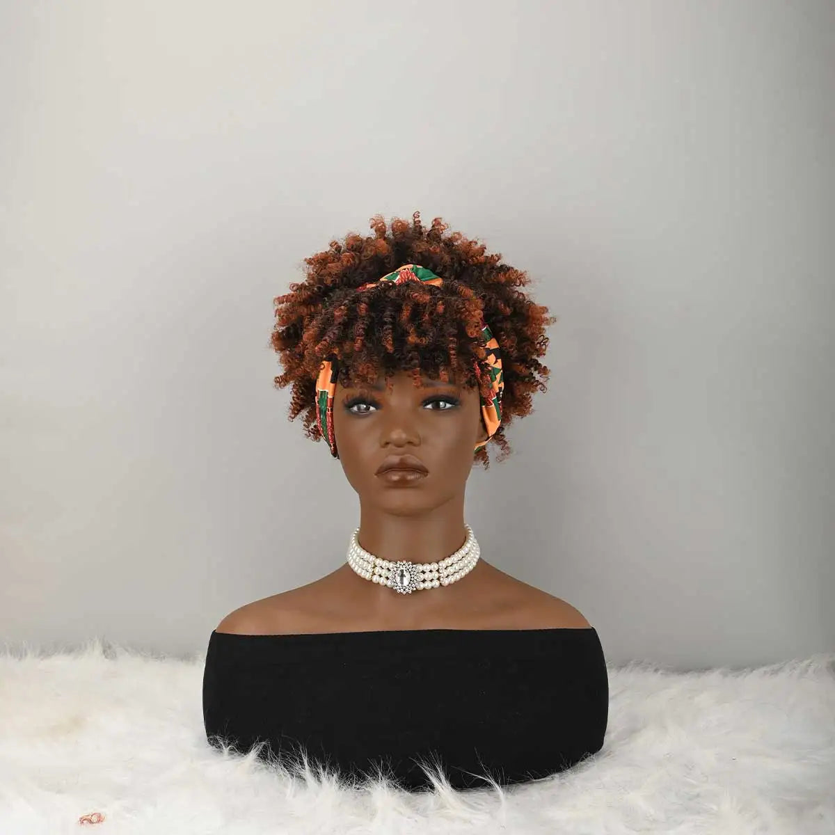 Headband Wig Curly Headband Wig With Bangs For Women Synthetic Afro Curly Hair Wig With Headband Attached Short Kinky Curly Afro High Puff With Bangs Stripes Short Red Curly Wigs with Bangs for Women, Natural Wavy Synthetic W
