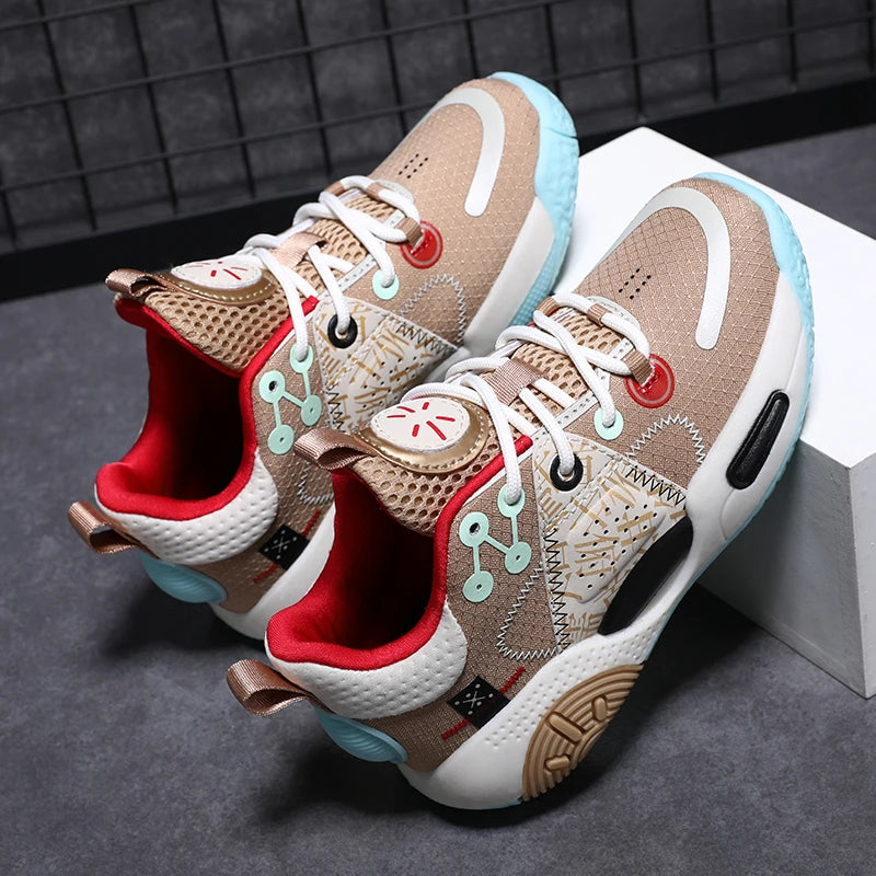 Kids Fashion Sneakers for Boys Leather Breathable Sports Basketball Shoes Lightweight Children School Walking Footwear