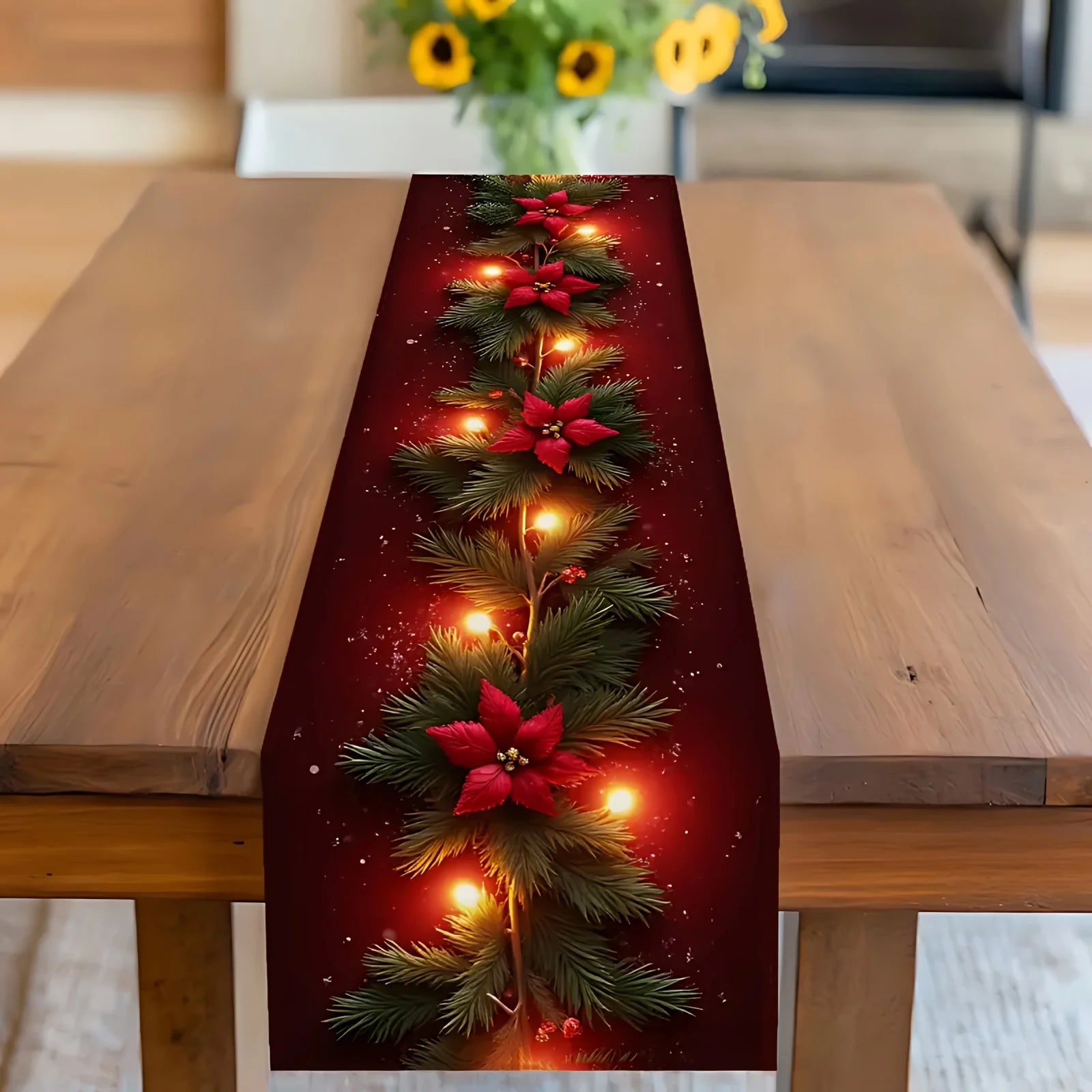 1 Piece of Luminous Christmas Flower Pine Branch Table Runner, Red Background Printed with Lighted Pine Branches and Poinsettia Pattern, Suitable for Christmas Dinner, Holiday Party, Pastoral B&B, Handicraft Market, Cafe Deco