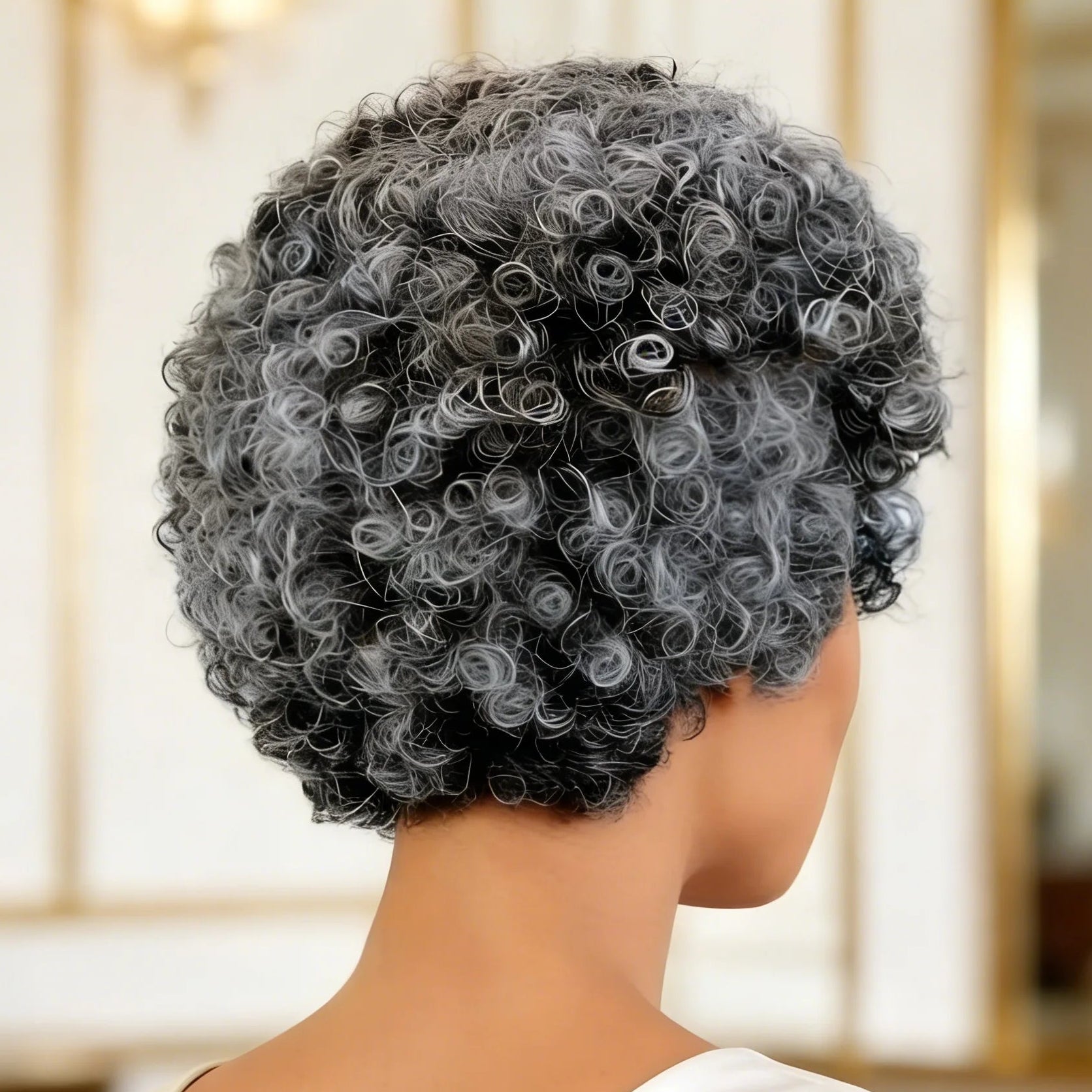 Perruque de cheveux humains gris bouclés