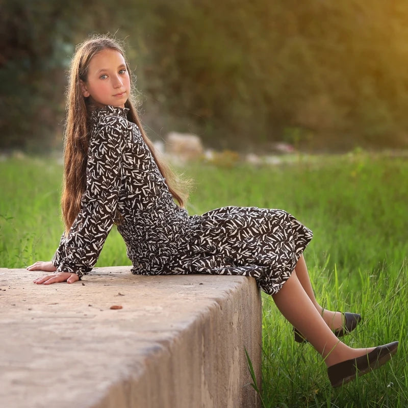 Teen Girls Skirt Top Set Brown Floral Set Cotton Fabric Autumn & Winter Clothes