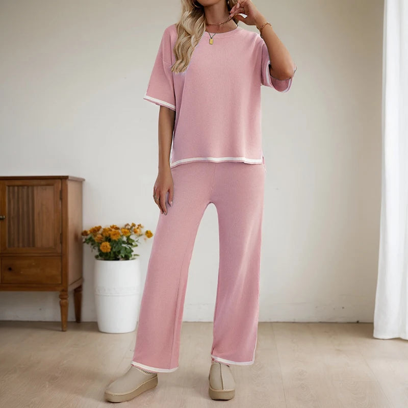 Conjunto de dos piezas de ropa de mujer, moda primavera verano, informal, cuello redondo, blusa de manga corta, pantalones de pierna ancha a juego