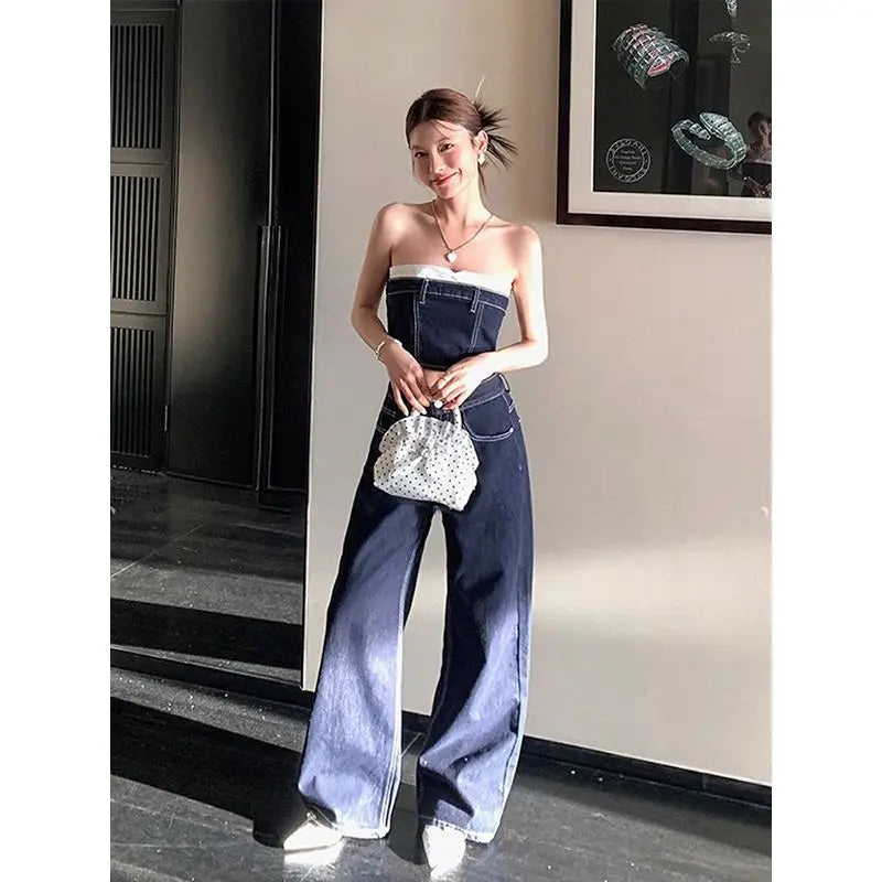 Pants Set Women's Summer Blue Contrasting Strapless Hot Girl Top High Waist Slimming Denim Pants Two-piece Set Female Clothes