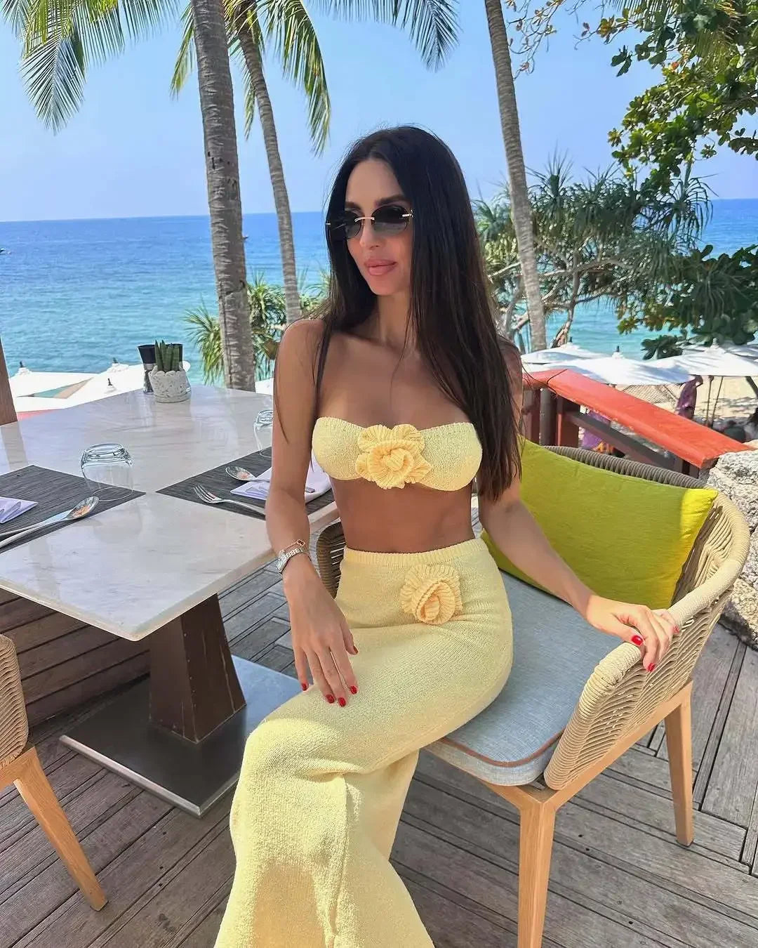 Female Knit 2 Piece-Set Long Skirt Floral Patchwork Tube Tops And High Waist Slim Beach Skirt Sets Knitwear Women Outfits