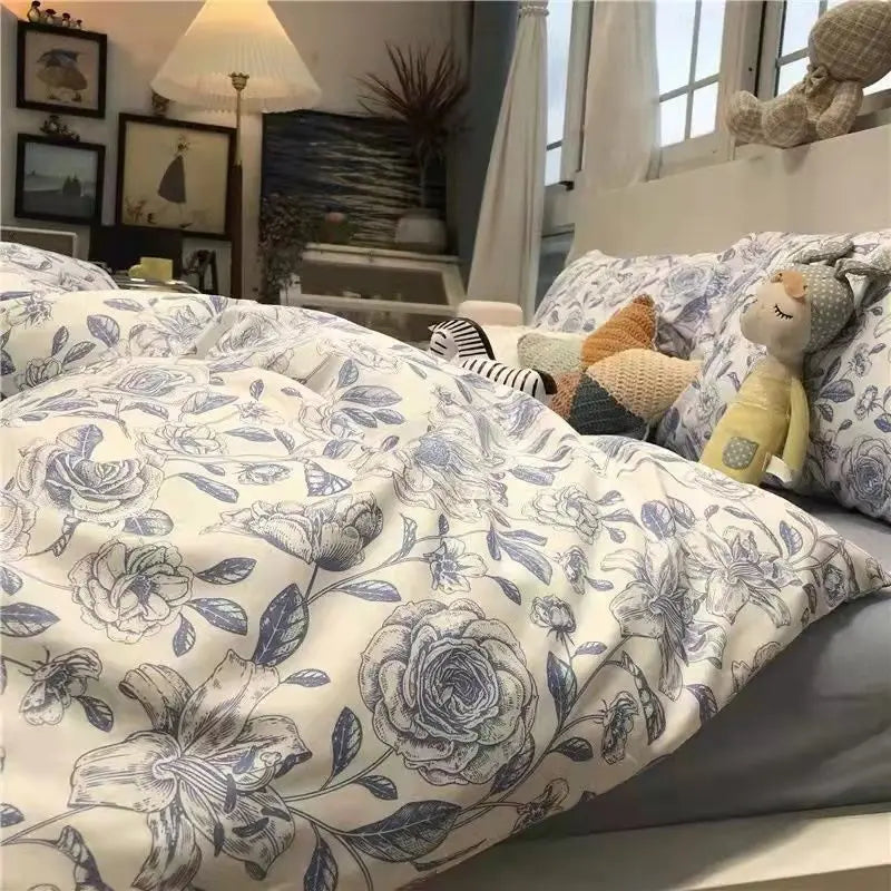 Juego de ropa de cama Kawaii para niños y adultos, sábana encimera, funda de edredón, funda de almohada, tamaño individual, doble, completo, ropa de cama floral de cerezo, textil para el hogar