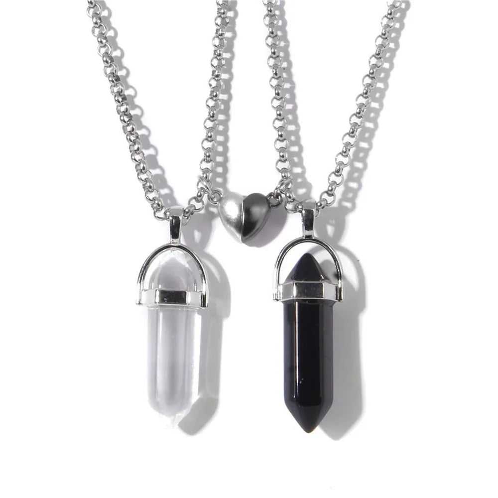 Juego de 2 unidades de collares magnéticos con colgante de corazón y columna hexagonal luminosa, de piedra natural, con colgante geométrico, para parejas, regalos de joyería