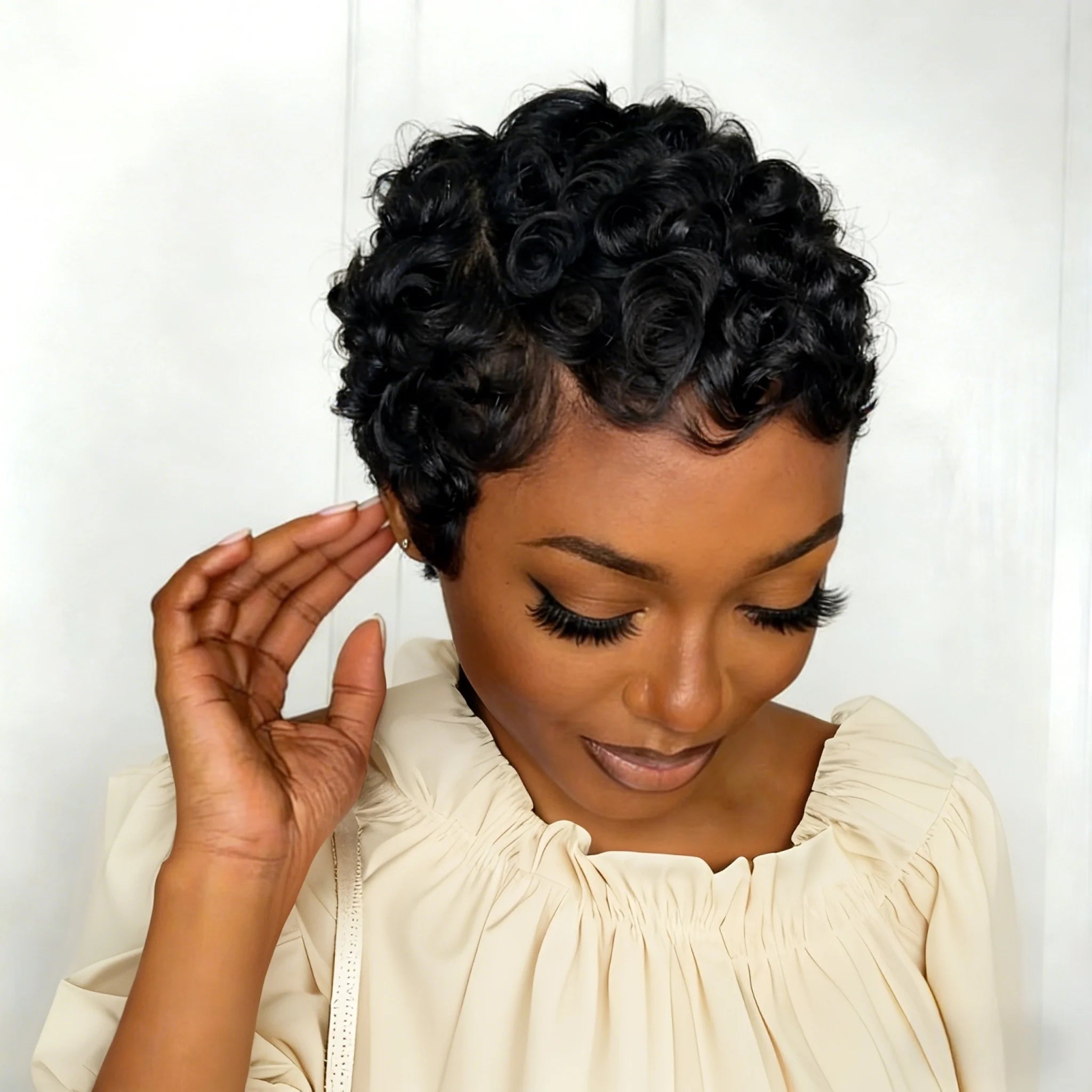 BrazilianHuman Hair Short Pixie Cut Wig Full Machine-Made with Bangs Loose Curl for Women Daily Wear