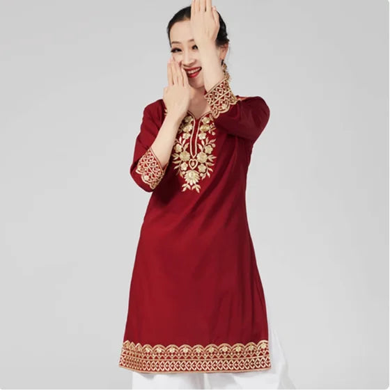 Camisa india de algodón puro con bordado oculto lateral y manga larga para mujer - Pakistán