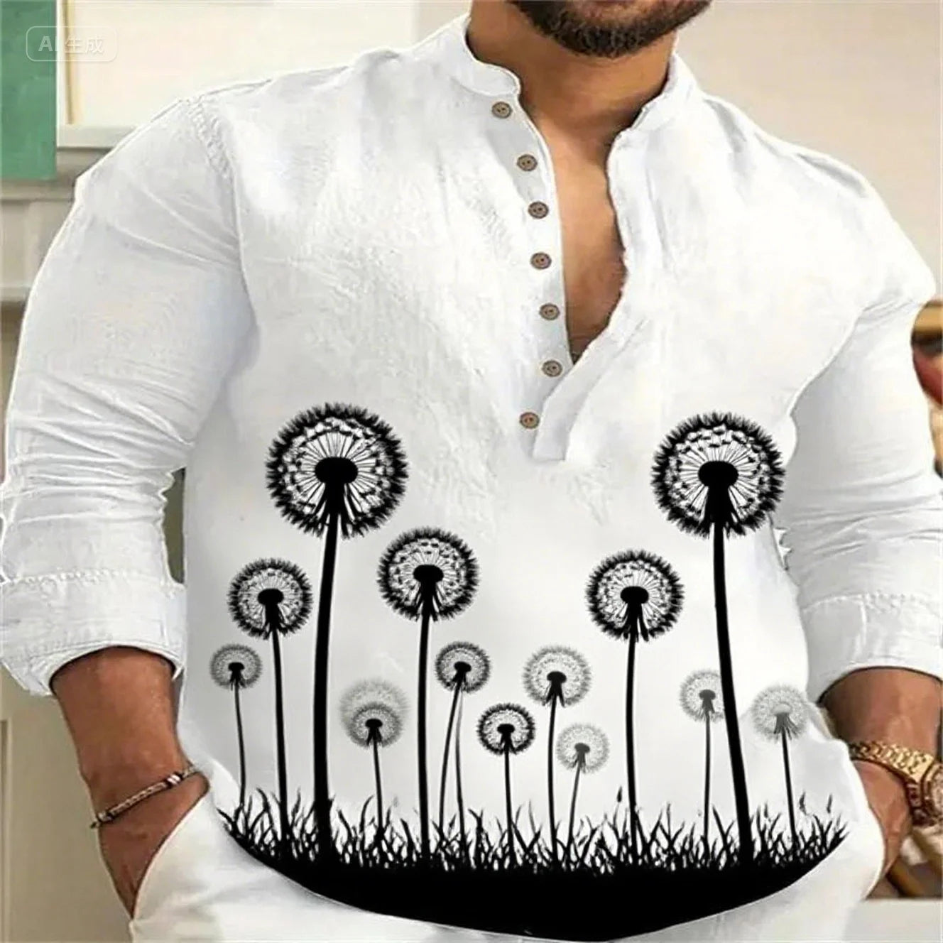 Newest linen long-sleeved simple atmospheric vegetation pattern high-quality casual shirt XS-6XL fast delivery