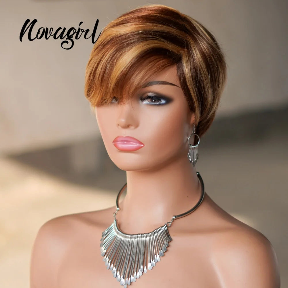 High Quality 6 Inch Pixie Wigs Color P4/27 for Women Full Machine Made Brazilian Virgin Remy Human Hair Soft Comfortable