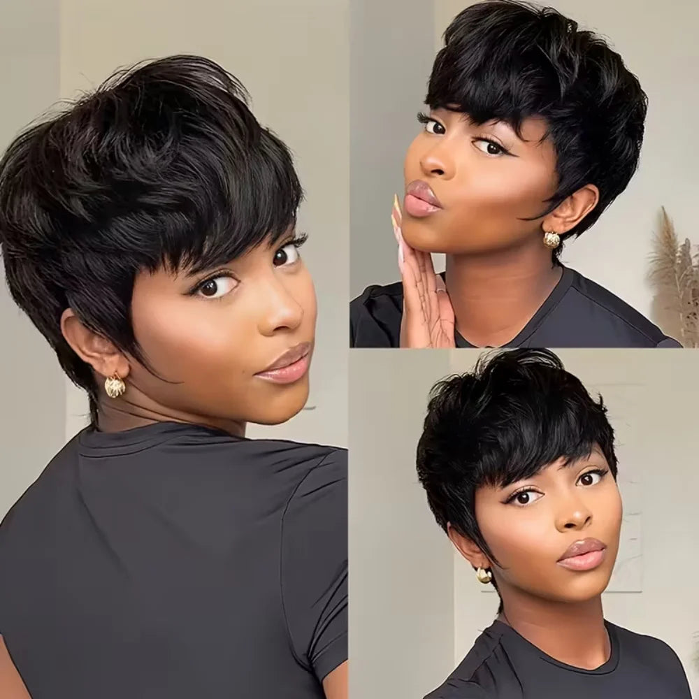 Natural-Look Short Pixie Cut Human Hair Wig – Full Machine-Made