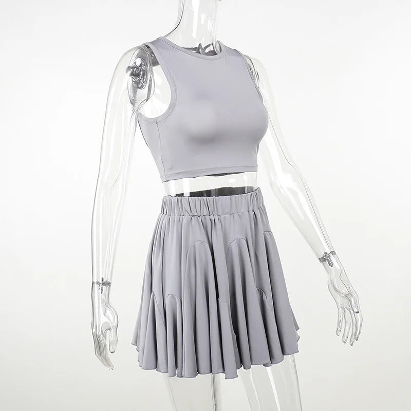 Pink Pleat Skirt Set Women Sexy Backless Tank Top and Mini Skirt Outfits Summer Elegant Solid Basic Casual Two Piece Set 2024