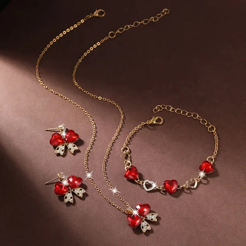 Juego de 4 piezas/set de collar, pulsera y pendientes de lazo de amor de color rojo de moda, adecuado para regalos de joyería para fiestas de San Valentín de mujer