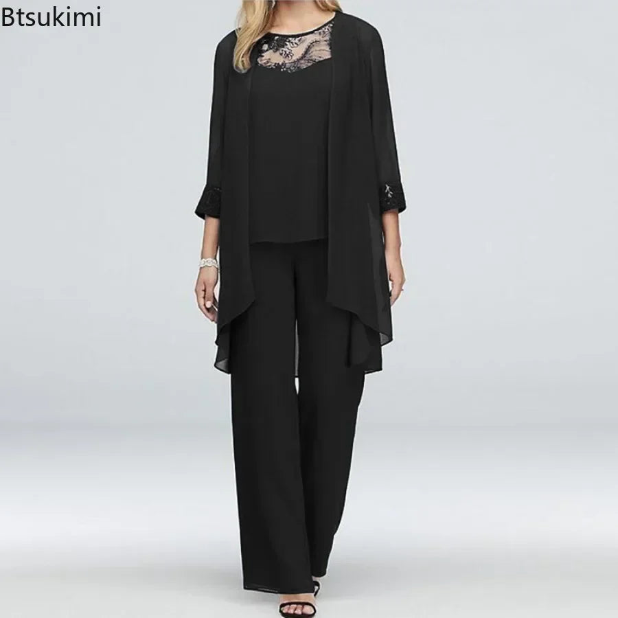 Women's Elegant Pant Sets Formal Office Ladies Oversized Chiffon Lace Suits Straight Pant Cardigan Tops 3 Pieces Sets Woman