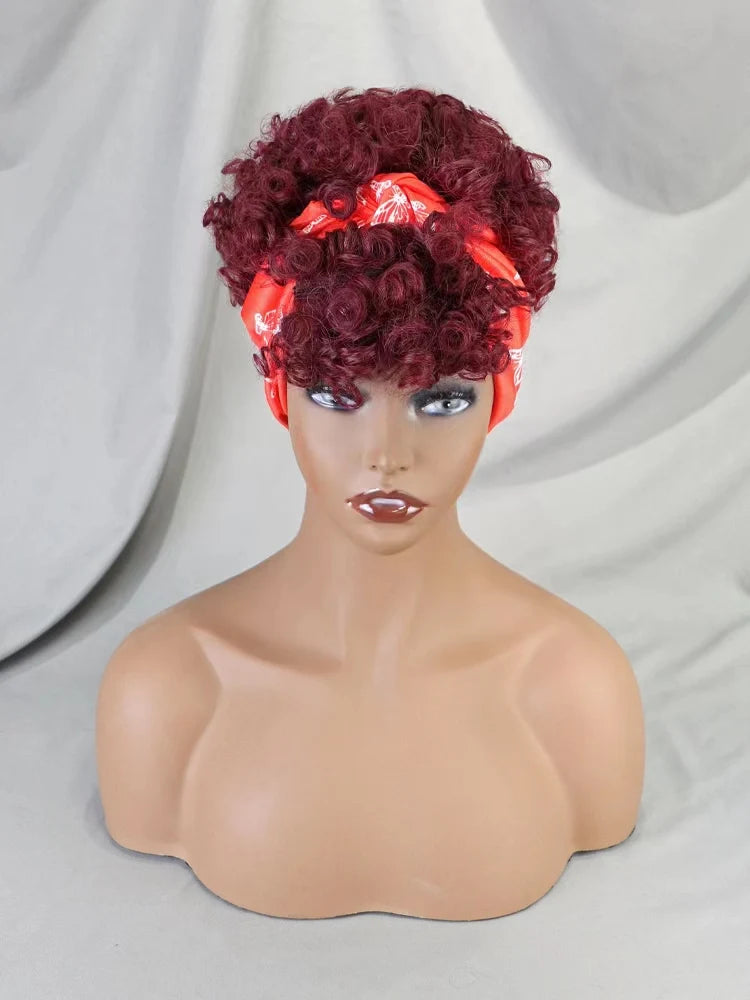 Short Afro Kinky Curly Headband Wig Glueless Ombre Turban Head Wrap Human Hair Wigs For African American Women Daily Cosplay ﻿