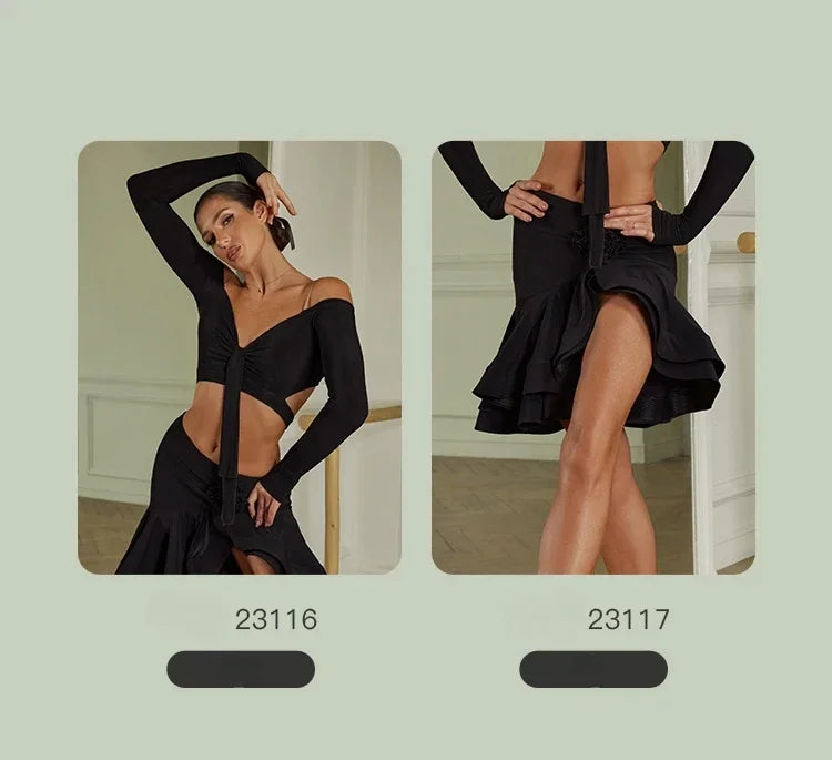 Sexy Off Shoulder Latin Top Ruffled Skirts Latin Dance Costume Stage Performance Clothes Samba Tango Dance Wear Set for Women