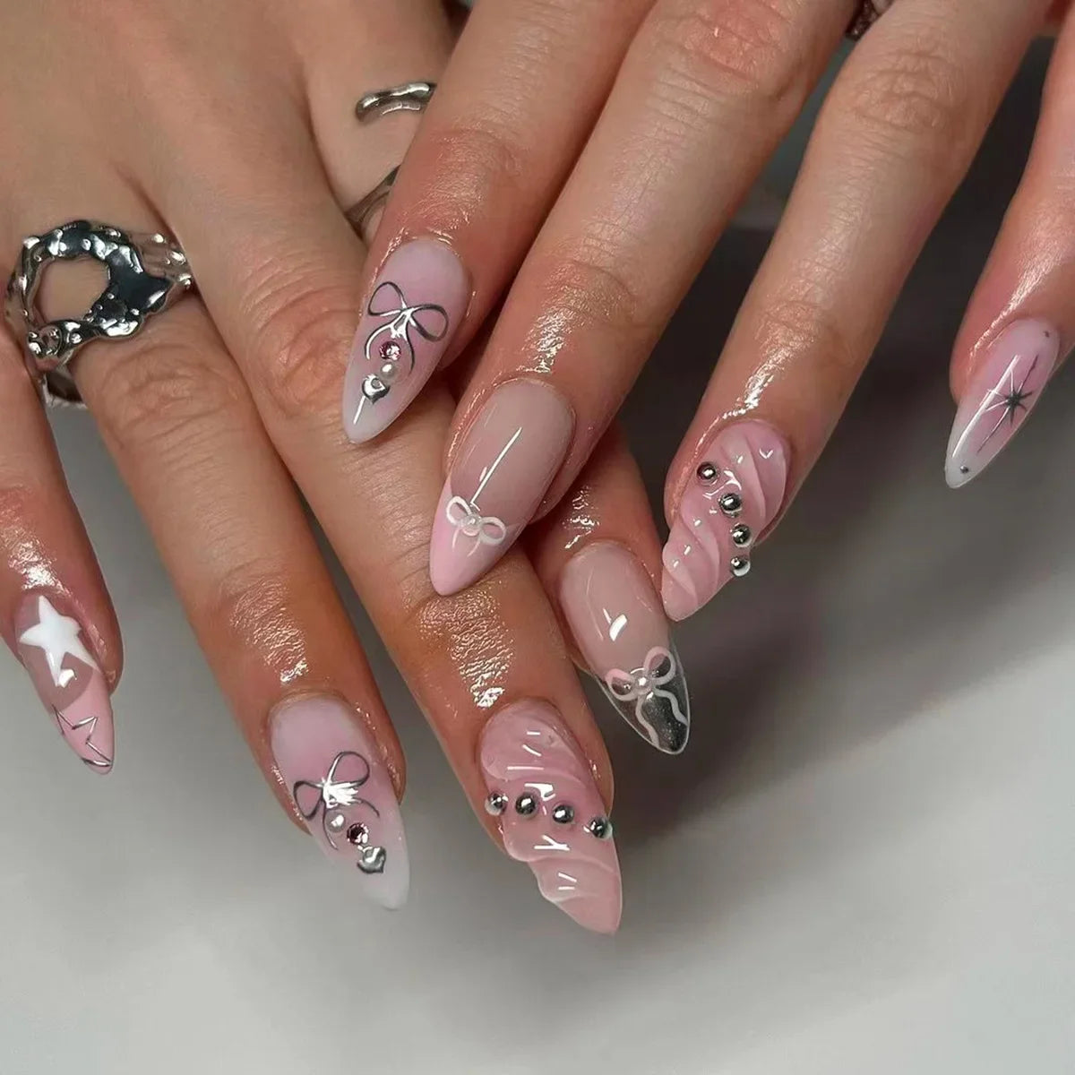 24Pcs Almond Press-On Nails in Pink Cat Eye with Heart & Strawberry Designs – Glossy Acrylic Stick-On Nails for Women & Girls