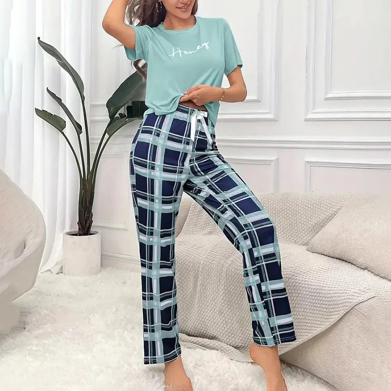 Women's Pajamas Set Soft Comfortable Letter Print T-Shirt & Plaid Long Pants Sleepwear 2 Pieces Home Clothes Loungewear Pyjama