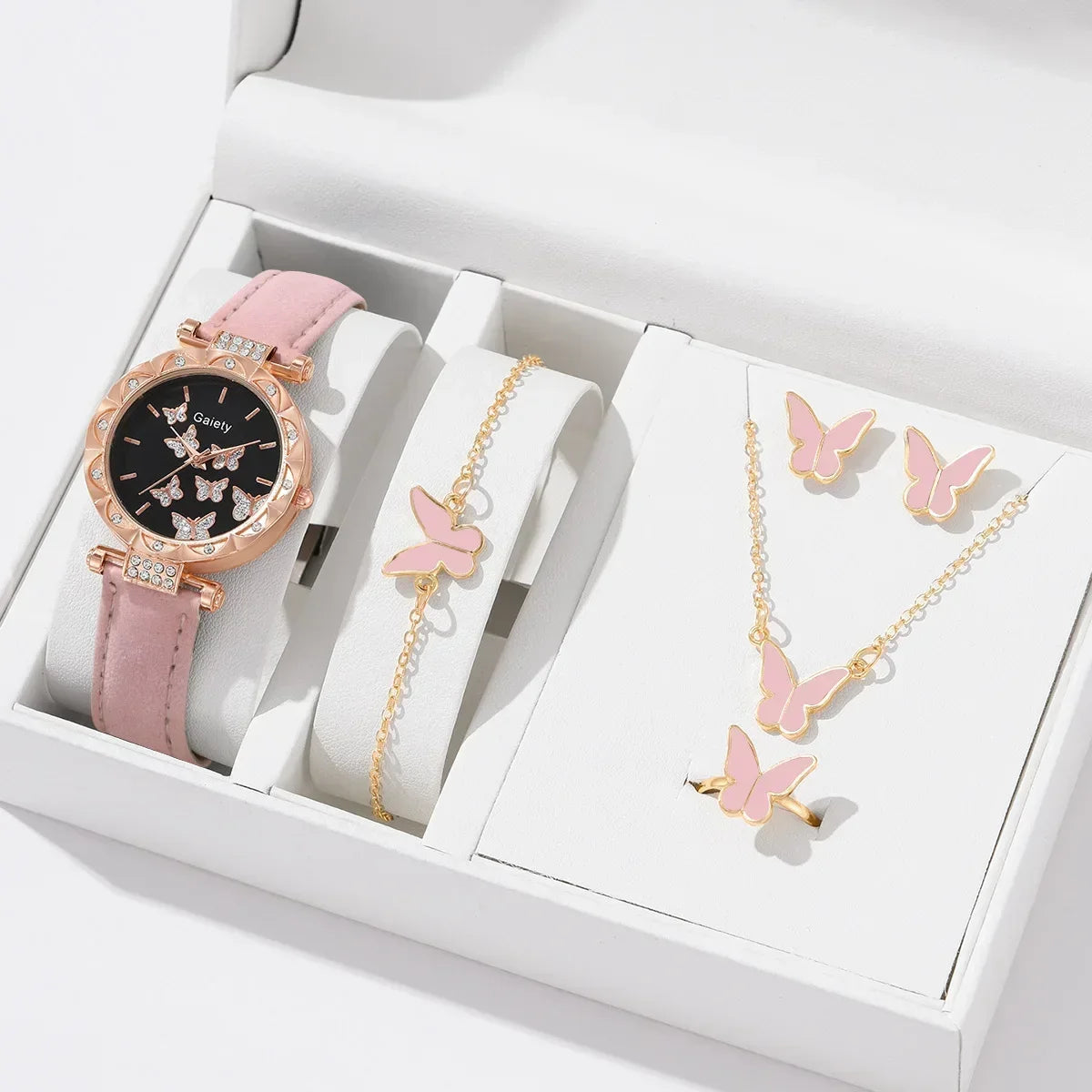 Conjunto de Reloj, Anillo, Collar, Pendientes y Pulsera para Mujer Relojes de Mariposa con Correa de Cuero reloj de señora relogios feminino reloj mujer