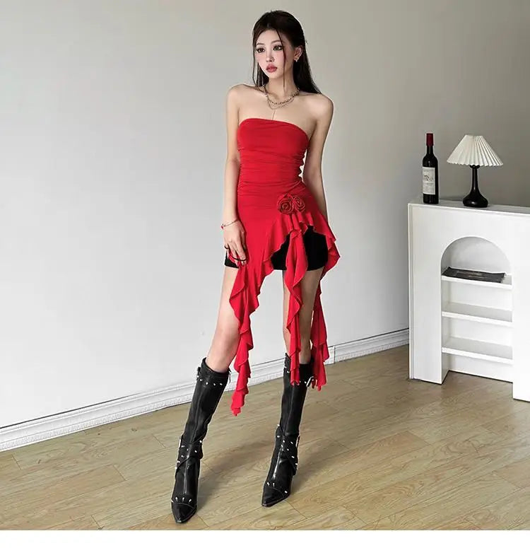 Women Bustier Tops Irregular 3D Roses Ruffle Slim Aesthetic Summer Chic Streetwear Tops Solid Red Womenswear Black White Sexy