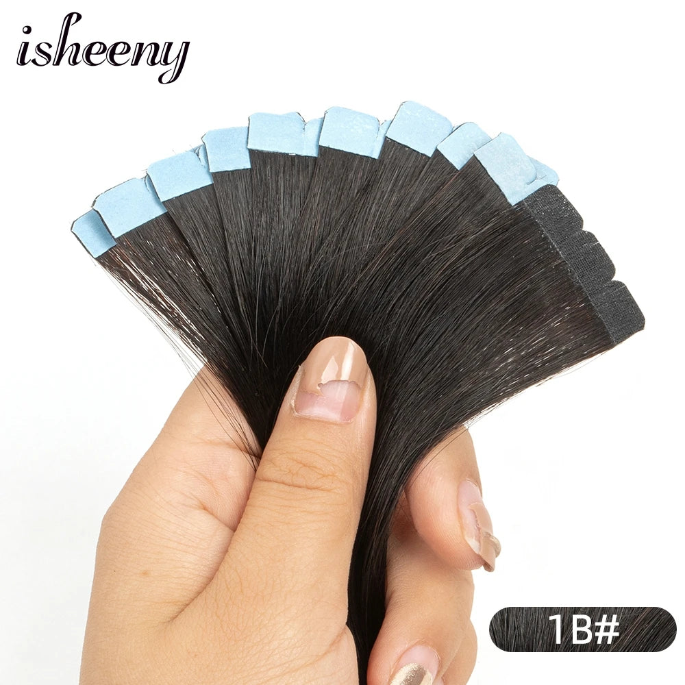 Isheeny 12"-24" Mini Tape Hair Extensions Machine Remy Human Hair Adhesive Tape In Human Hair Natural Straight 10pcs/pack
