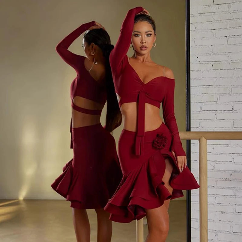 Sexy Off Shoulder Latin Top Ruffled Skirts Latin Dance Costume Stage Performance Clothes Samba Tango Dance Wear Set for Women