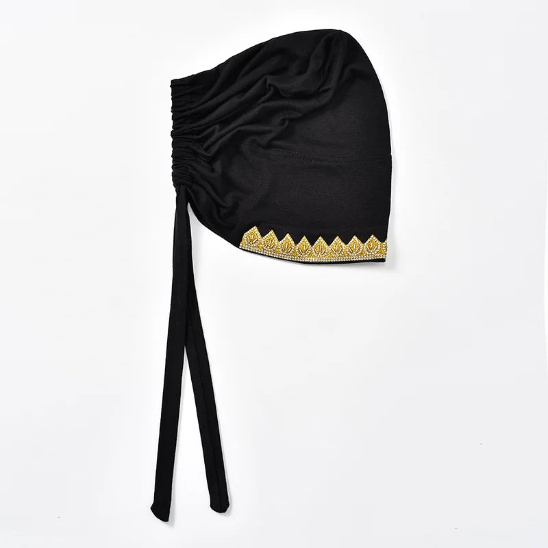 Gorros elásticos con pedrería dorada brillante para mujer, gorros musulmanes con lazo en la parte trasera, hijabs interiores, turbante, gorro con estampado de hojas en caliente, bajo la gorra de diamantes, jersey