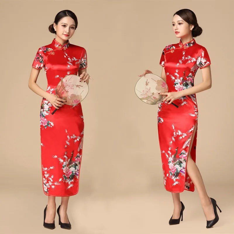 Print Satin Qipao Lady Elegant Dresses Sexy Cheongsam Chinese Tradition Style Dress Summer New Long Qipaos Plus Size 4Xl5Xl6Xl