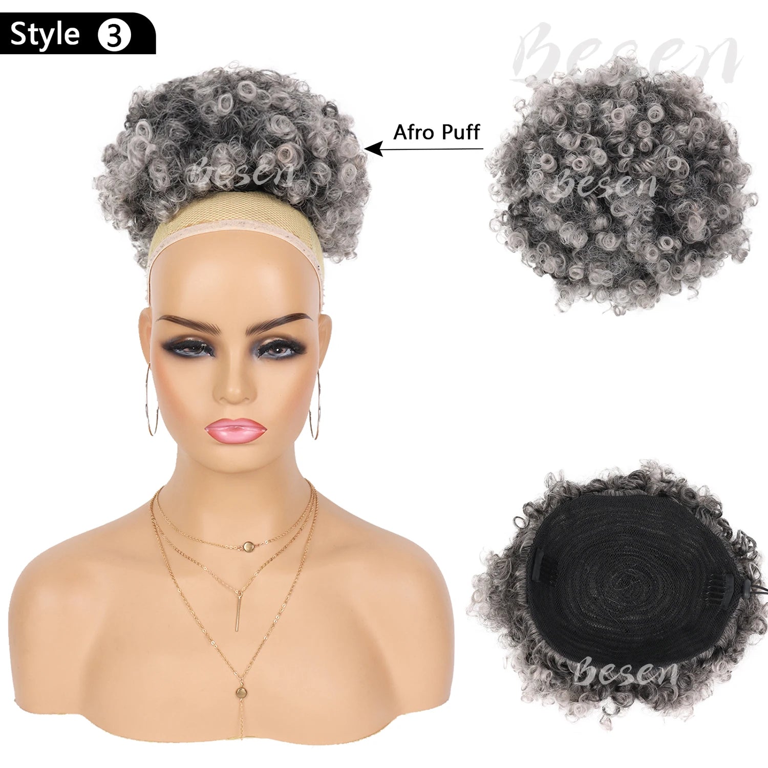 Queue de cheval afro synthétique avec cordon de serrage et frange remplaçable, chignon afro court avec 2 franges, postiche à clipser.