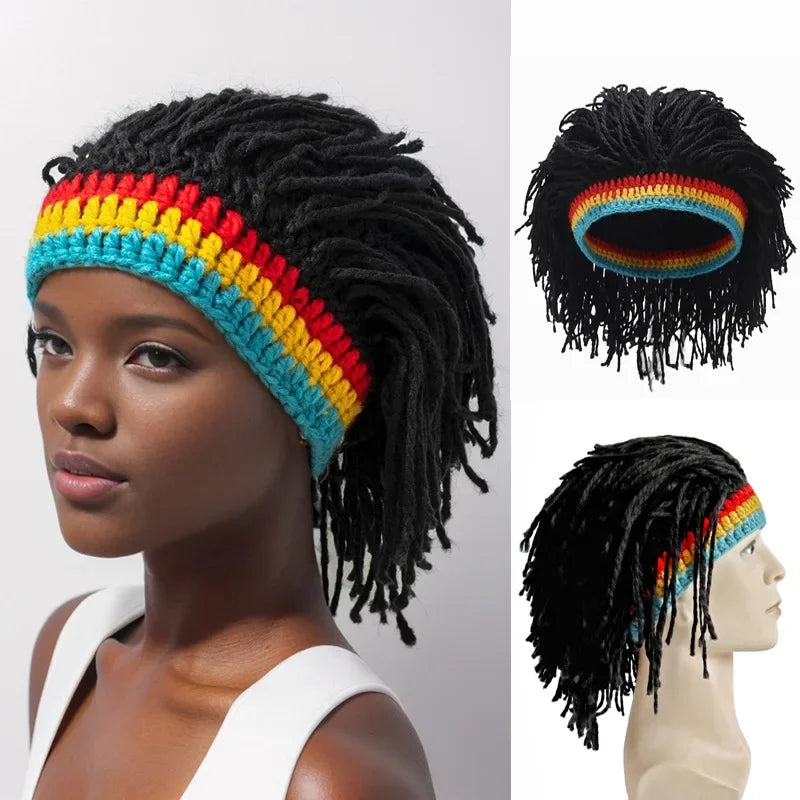 African Men Women Jamaican Braid Wig Knitted Hat Handmade Dreadlocks Hair Synthetic Wig Halloween Cosplay Party Wig Headwear