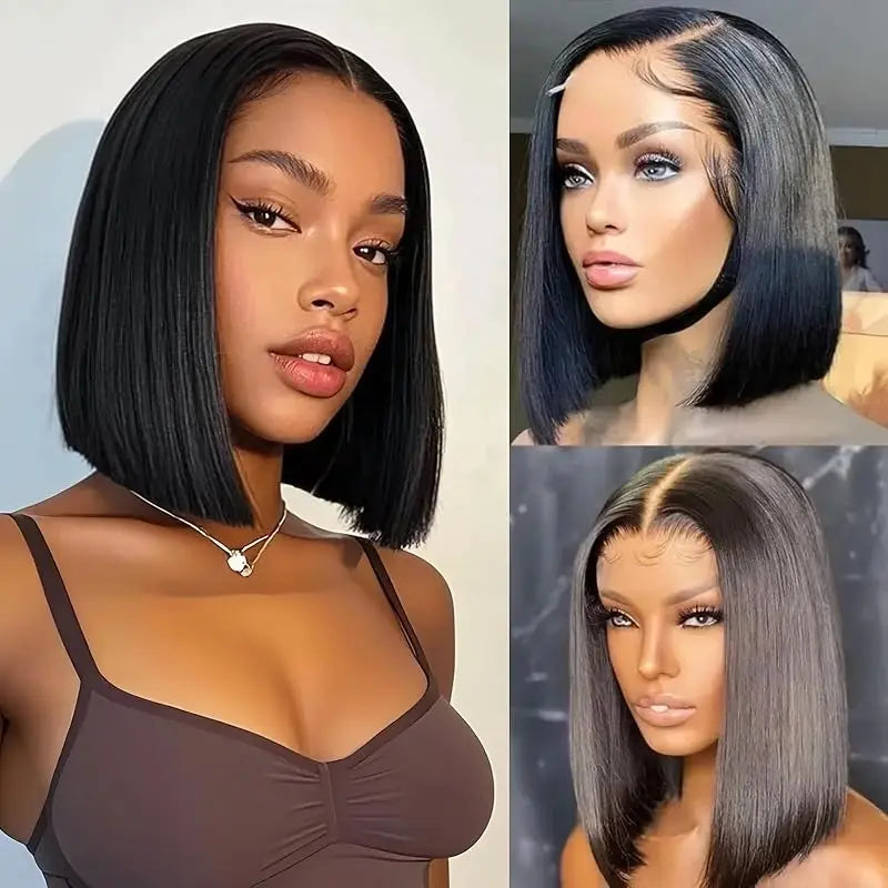 Perruque brésilienne lisse de 30 cm sans colle, style bob, avec dentelle prédécoupée 4x4 pour femme. Perruque HD en cheveux humains avec bordure en dentelle.