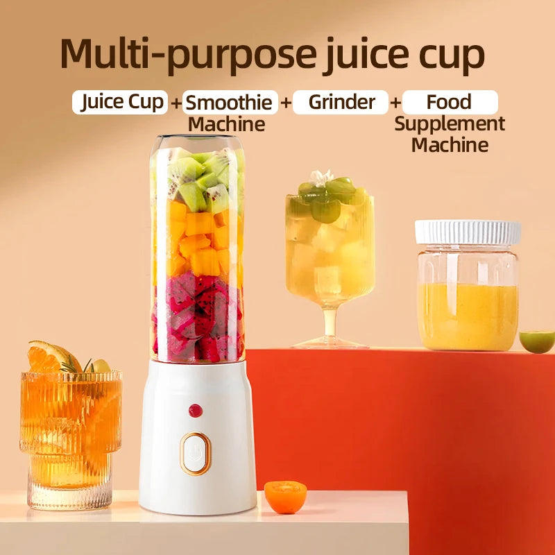 Exprimidor eléctrico portátil, 450 ml, carga rápida USB, 10 cuchillas, diseño de doble vaso, apto para batidos/zumos/licuados