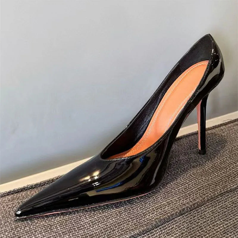 New High Heels Shoes Woman Pointed Toe Slip-on Women Pumps Patent Leather Thin Heels Runway Mules Shoes For Women
