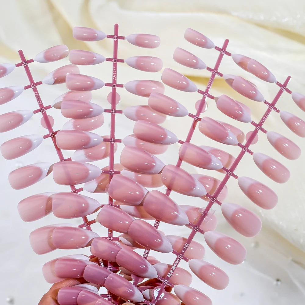 120pcs Pink Medium Almond French False Nails Gradient Design White French Press On Nails Full Cover Acrylic Gel Fake Nails Tips#