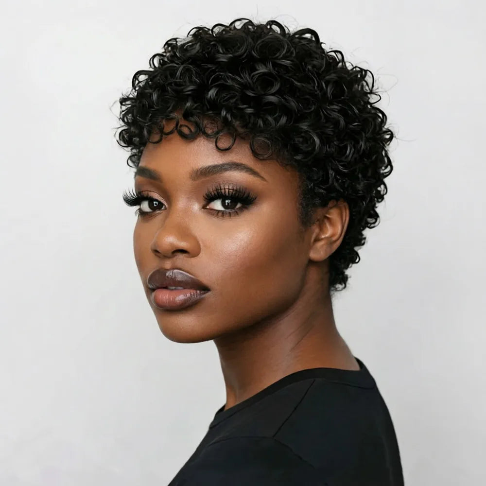 Peluca de cabello humano rizado corto, hecha a máquina, con densidad del 150%, corte pixie, 4 pulgadas, color negro, peluca corta de cabello humano afro rizado