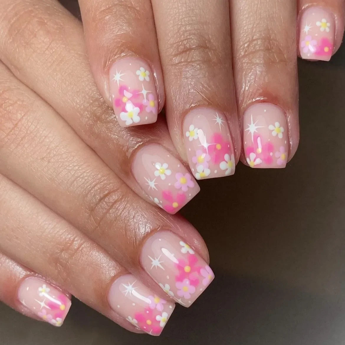 24pcs/box Glossy Short Square Fake Nails Colorful French Tip Press On Nails Flower Pattern Spring Summer False Nails For Women