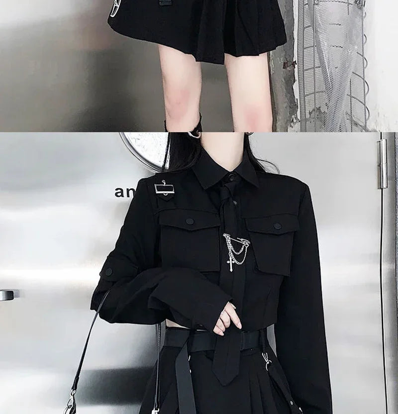 Women Two-Piece Skirt Spring Oversize 4XL Black Punk Chain Ribbon Skirts Ladies Suit Female Dress Sets Harajuku Streetwear