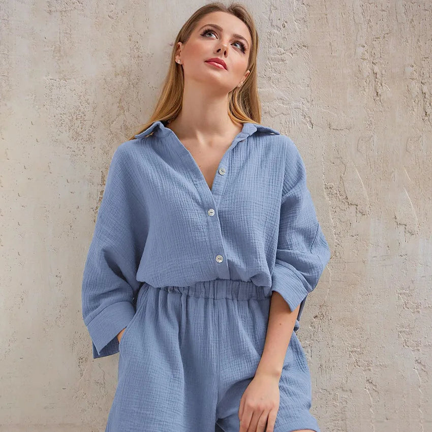 Cotton Pajamas For Women Sets Suit Casual Sleepwear Turn-Down Collar Nine Quarter Sleeve Sleep Tops Shorts Female Homewear 2023